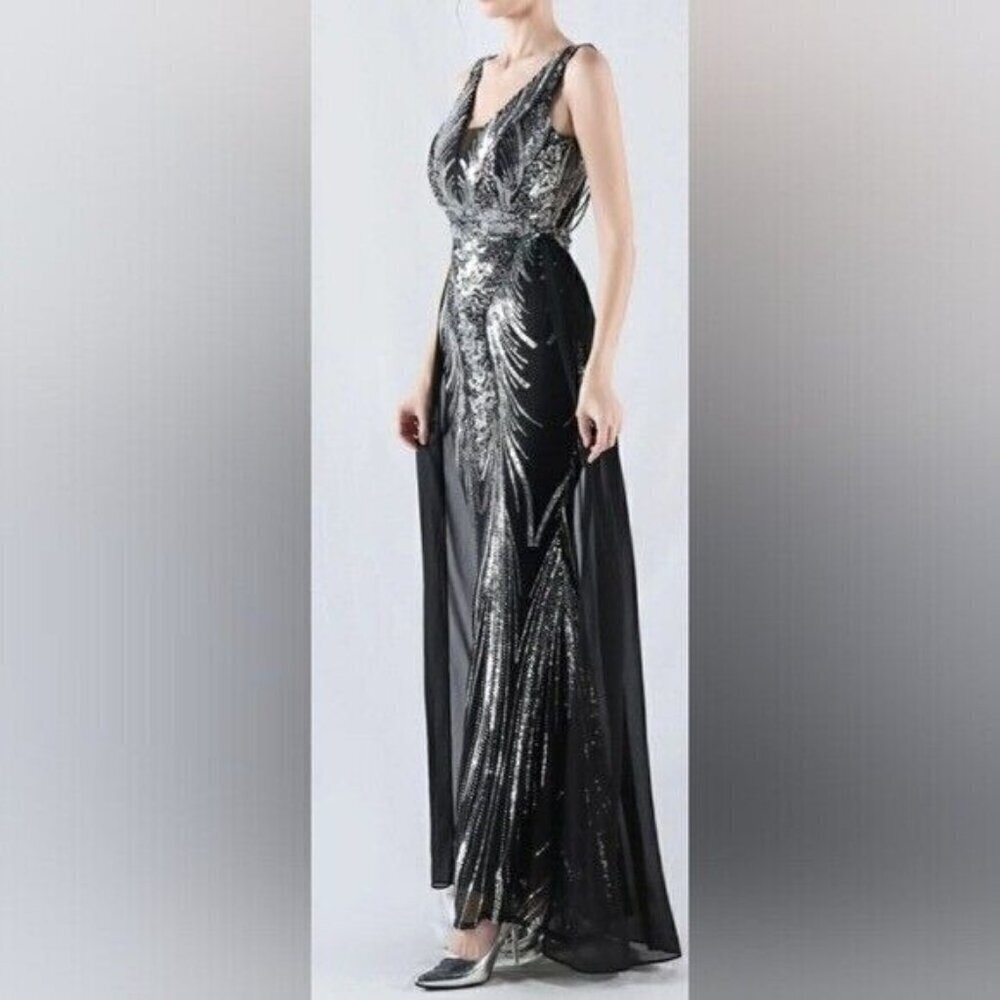 Black, Draped Skirt, Beaded Back,  V Neck,  Sleeveless, Sequined Mermaid… - Picture 5 of 12